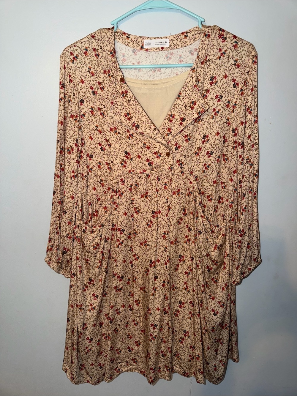 Zara Beige Floral Long-Sleeve V-Neck Dress with Red Accents